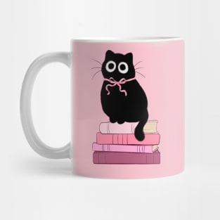 pink coquette cat on stack of books Mug